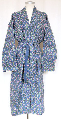 ochtendjas/kimono quilted katoen 15- hemelsblauw/roze/groen