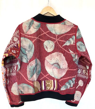 VERKOCHT- bomberjack vintage kantha 4- rood-beige-bruin