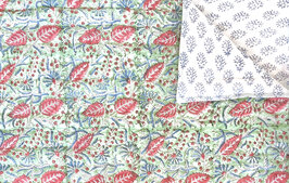 UITVERKOCHT- deken quilt tweepersoons reversible blockprint 11- bladgroen-rood/blauw