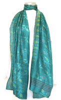 UITVERKOCHT- sjaal vintage gerecyclede ikat zijde 2- turquoise/geel