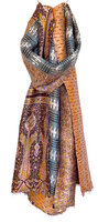 sjaal kantha zijde reversible 1- jeans blauw/steenoranje/roze
