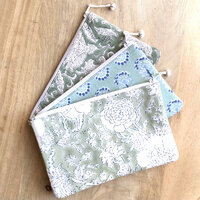 set van 3 etuis /make-up tasjes plat  blockprint 5--zeegroen/blauw-groen/oud groen