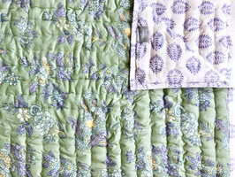 UITVERKOCHT- deken quilt eenpersoons reversible blockprint 5- lila-pastelgroen-geel-/lila-wit