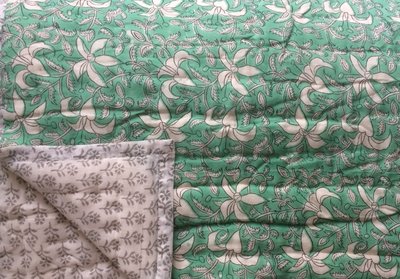 deken quilt tweepersoons reversible blockprint 11-emerald groen/l.grijs-wit